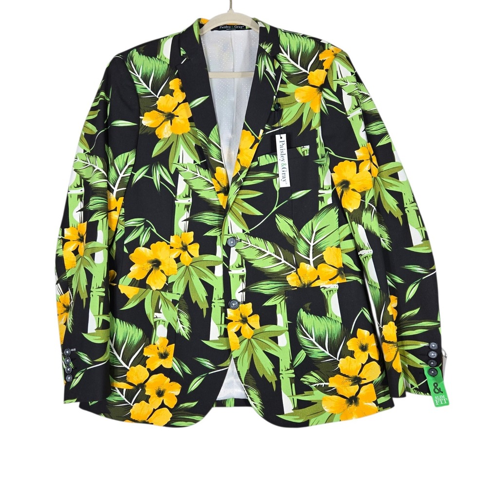 Paisley & Gray Blazer Mens 42R Black Floral Tropical Linen Slim Fit NWT $250